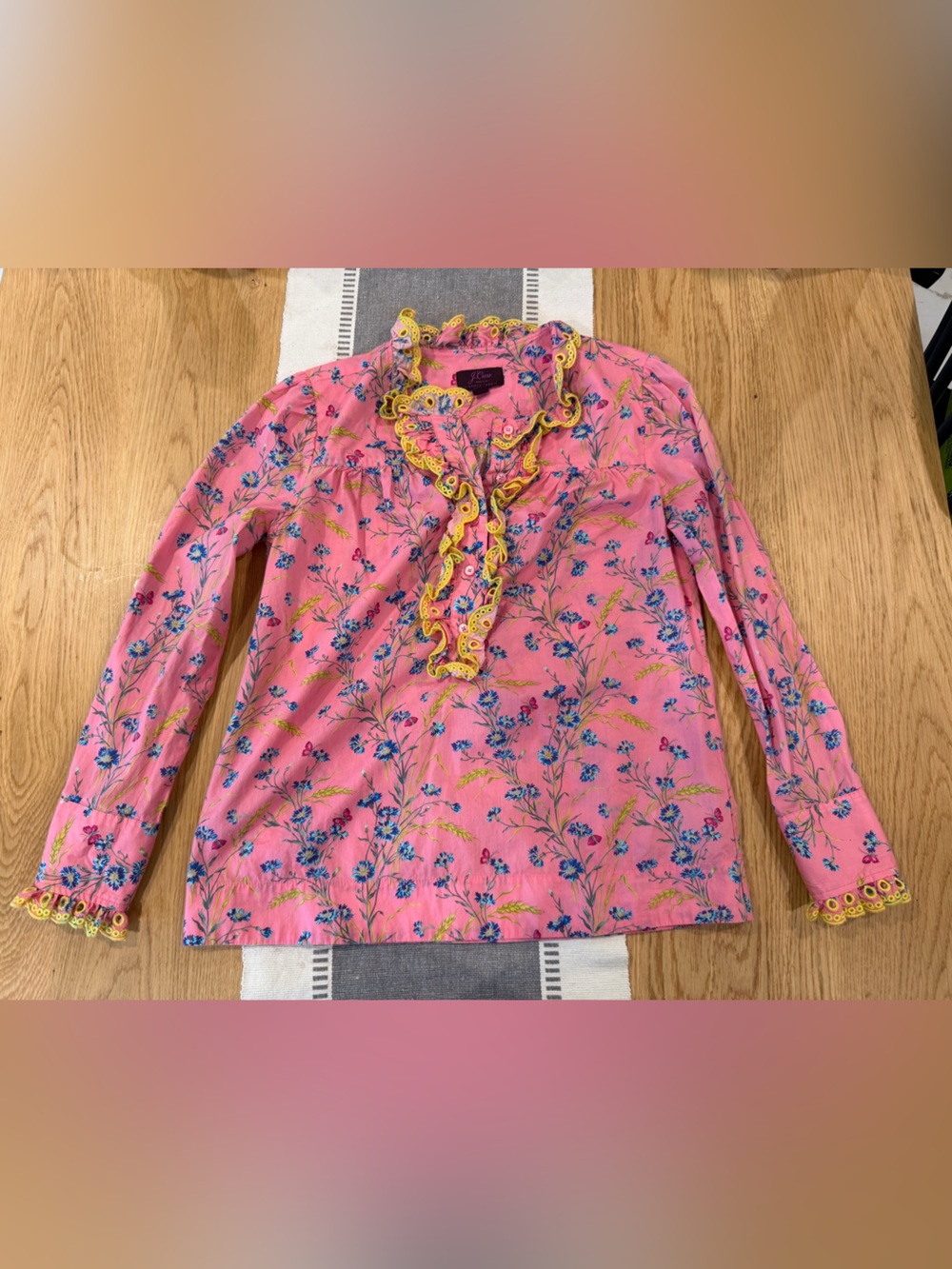 J. Crew Pink Floral Liberty Fabric Blouse with Yellow Trim